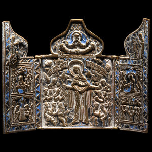 Appraisal: A Russian or Eastern European Enameled Bronze Triptych Icon Possibly