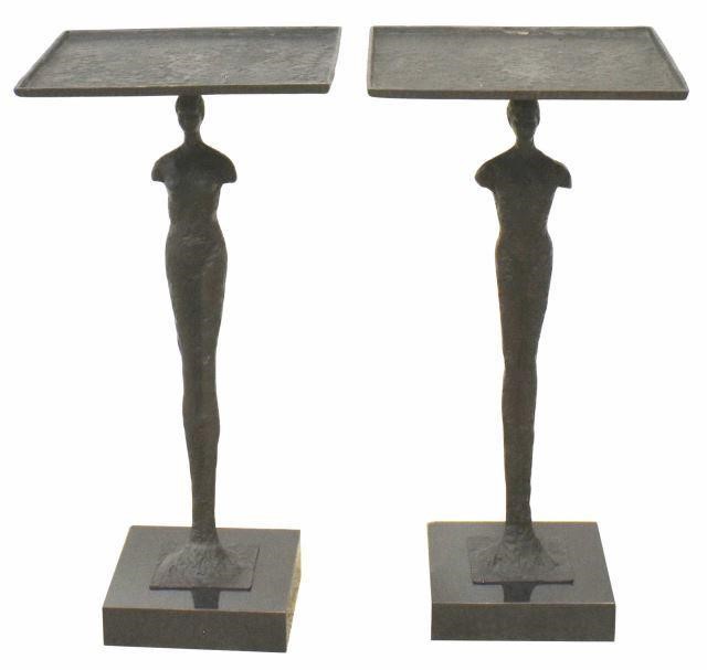 Appraisal: lot of Giacometti style patinated bronze finish side tables late