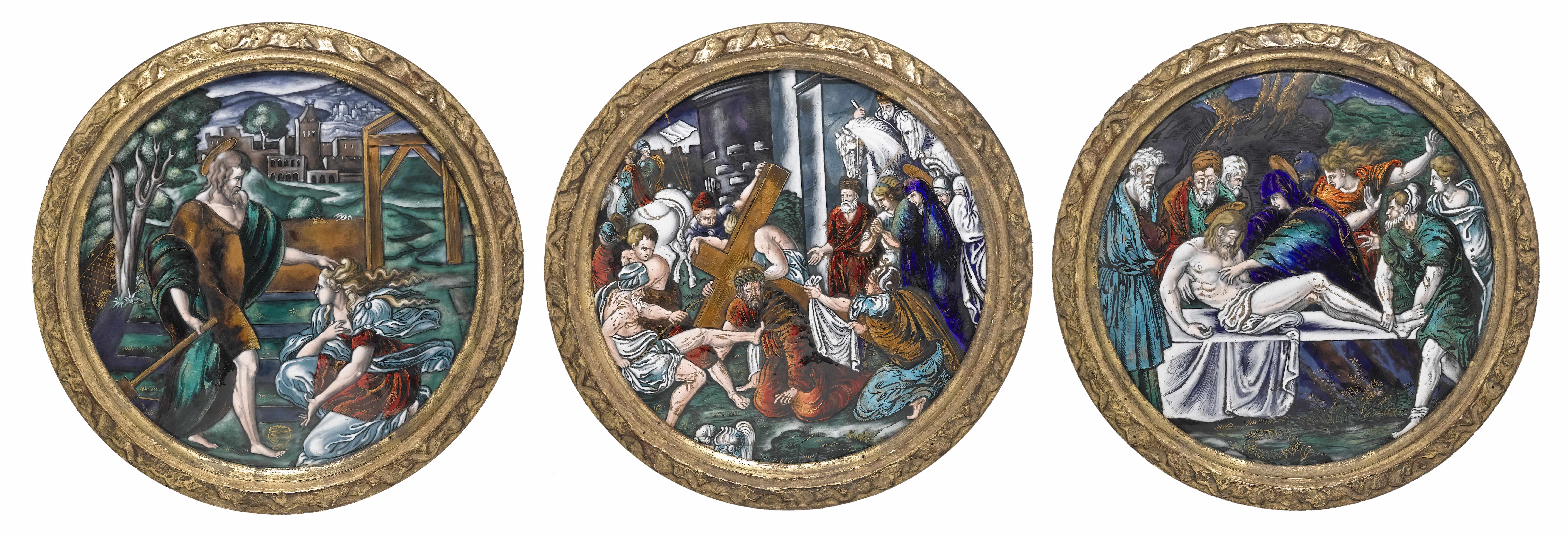 Appraisal: A set of three Limoges enamel plaquettes depicting scenes from