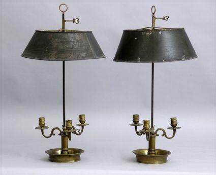 Appraisal: PAIR OF DIRECTOIRE-STYLE BRASS THREE-LIGHT BOUILLOTTE LAMPS Each cylindrical stem