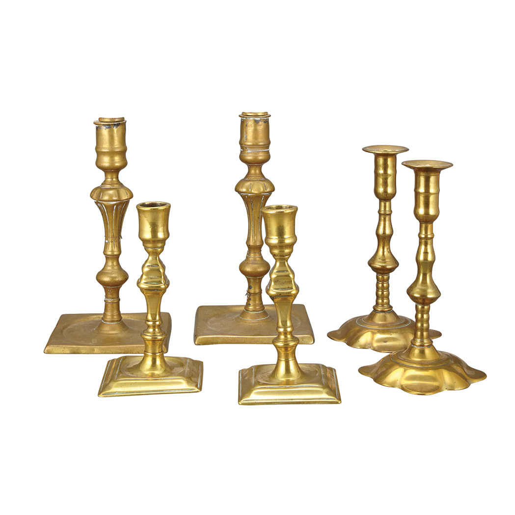 Appraisal: Three Pairs of Georgian Brass Candlesticks th Century Heights inches-