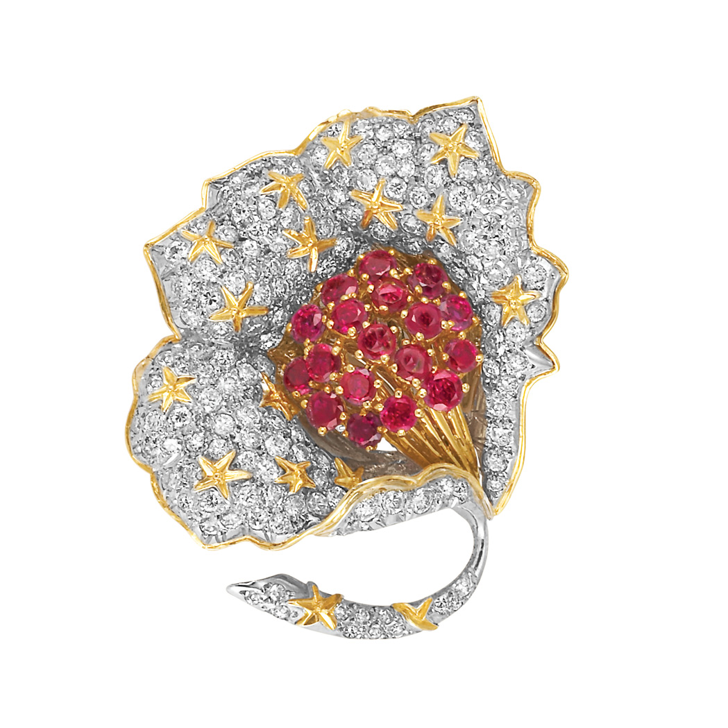 Appraisal: Two-Color Gold Ruby and Diamond Flower Brooch kt diamonds ap