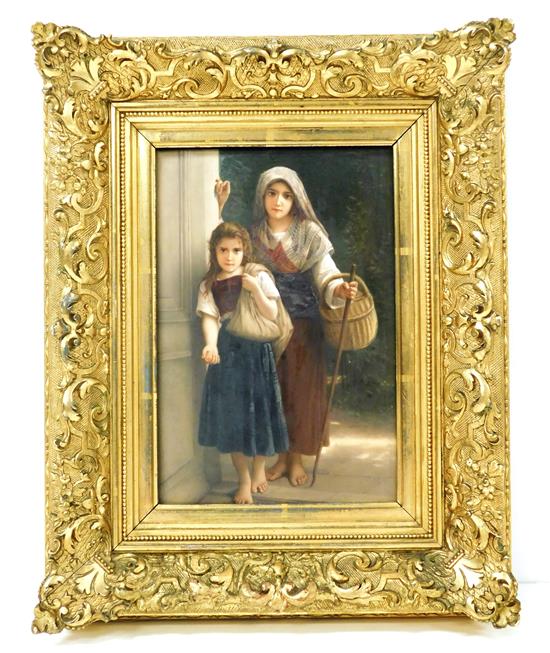 Appraisal: KPM hand-painted porcelain plaque depicting two peasant girls in doorway