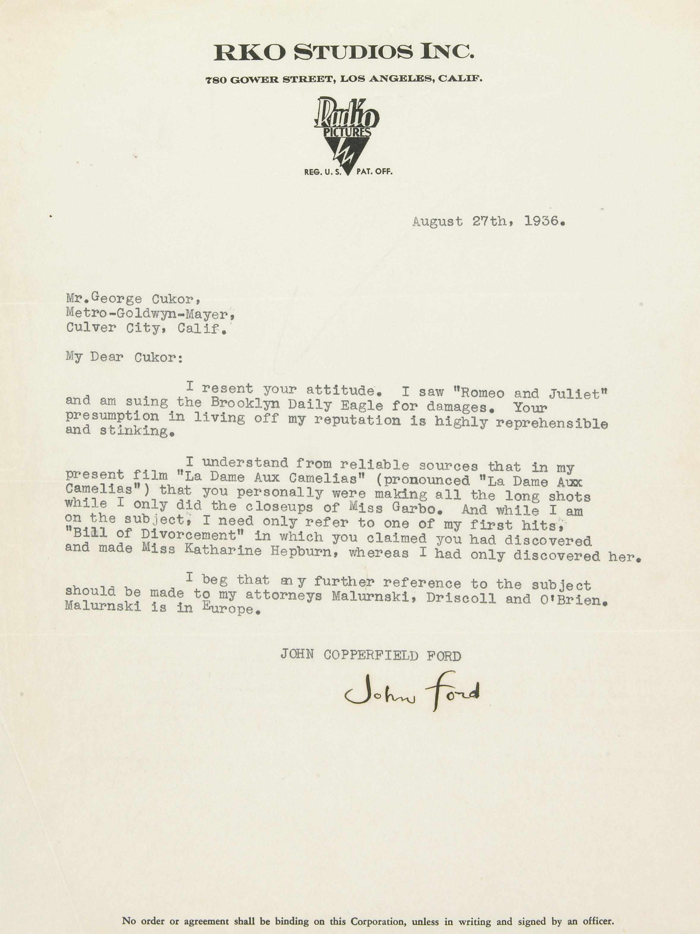 Appraisal: FORD JOHN - Autograph Letter Signed and Typed Letter Signed