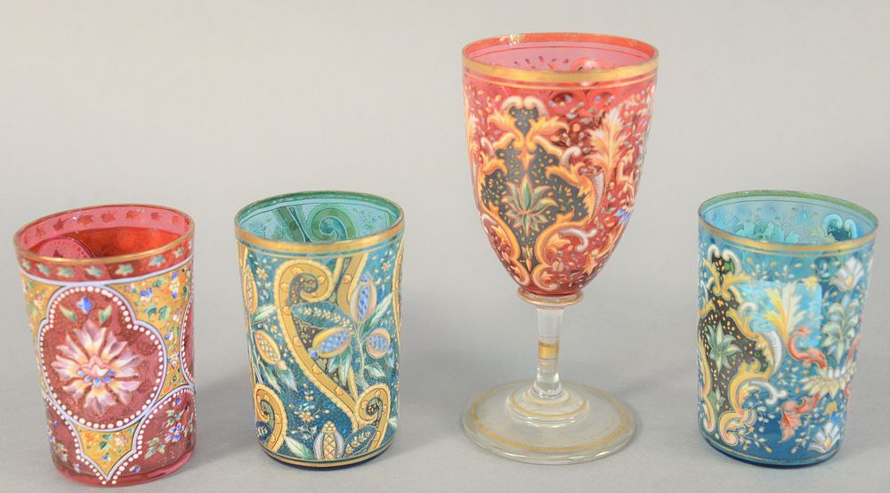 Appraisal: Group of four Moser enameled tumblers and one stem glass