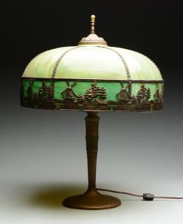 Appraisal: Arts Crafts Bronze Lamp with Slag Glass Shade Circa 's