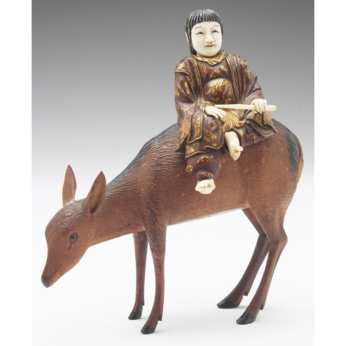 Appraisal: Japanese sculpture Meiji period carved wood and ivory deer and