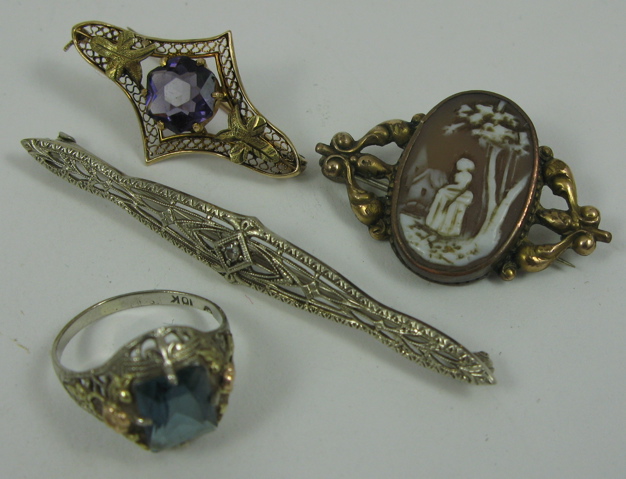 Appraisal: FOUR ARTICLES OF JEWELRY including two K gold brooches a