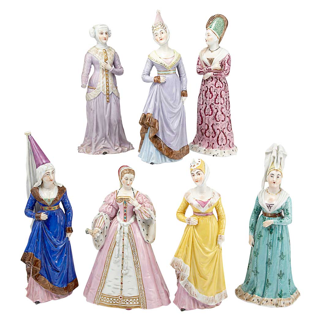 Appraisal: Assembled Group of Seven Continental Porcelain Historical Figures of Women