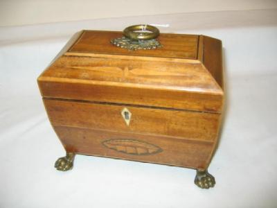 Appraisal: A GEORGE III MAHOGANY TEA CADDY of sarcophagus form with