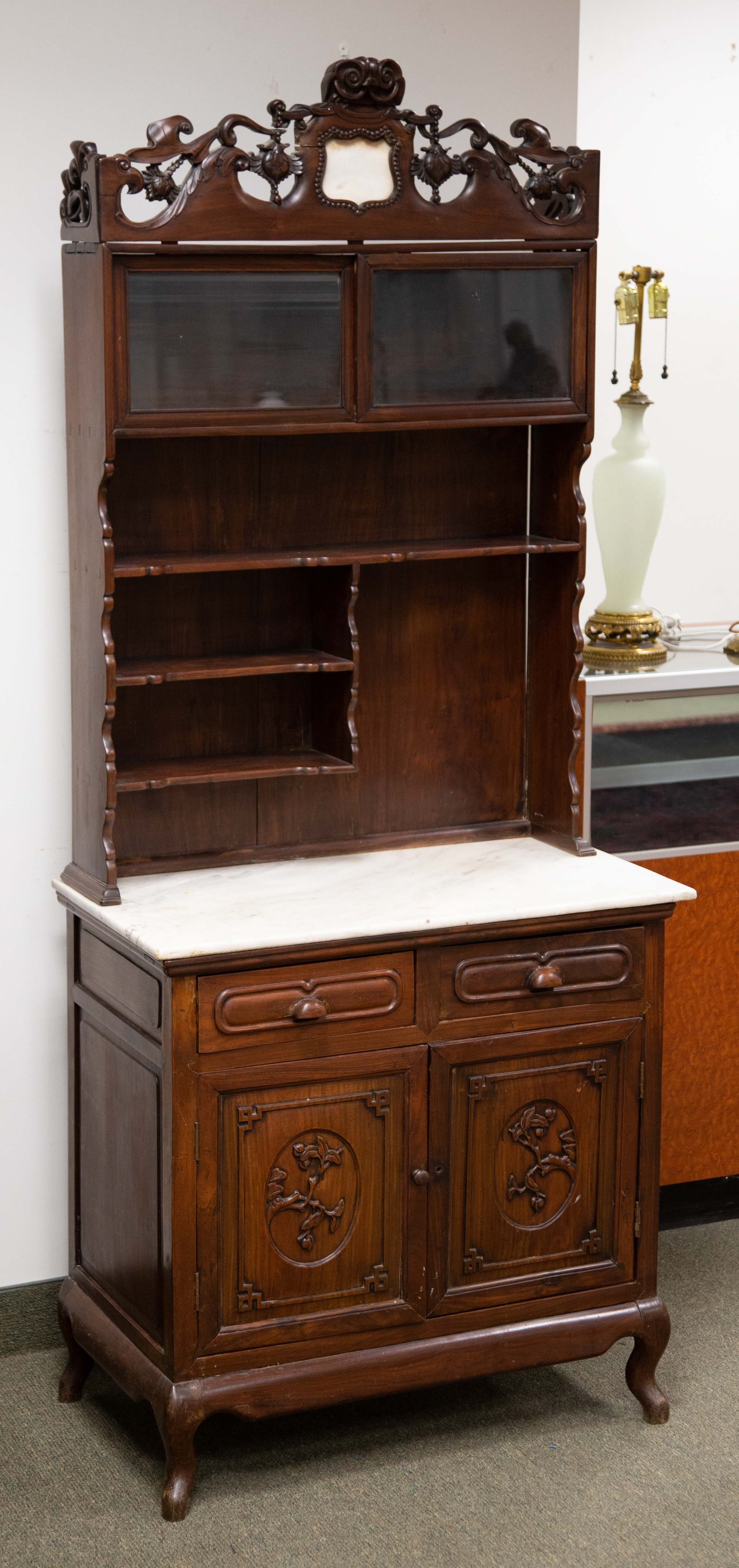 Appraisal: CHINESE HARDWOOD MARBLE TOP DISPLAY CABINET Early th century