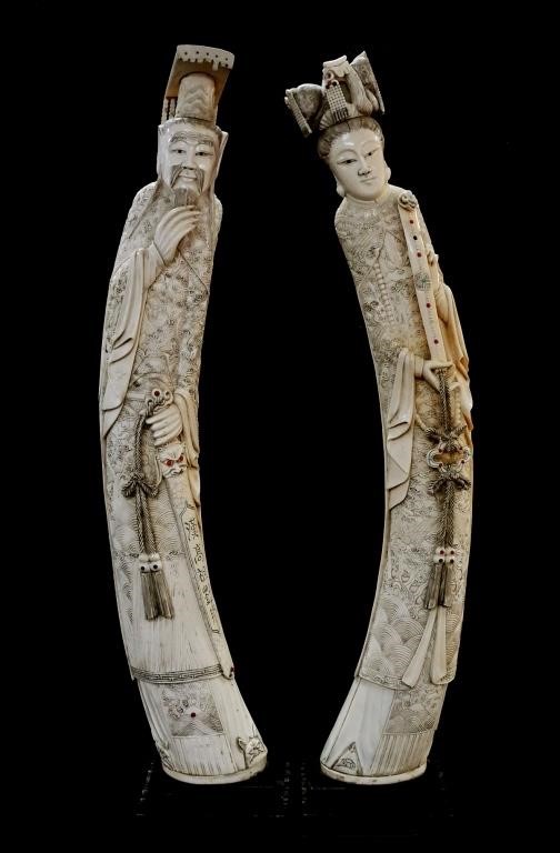 Appraisal: Massive ornately carved antique elephant ivory Chinese emperor and empress