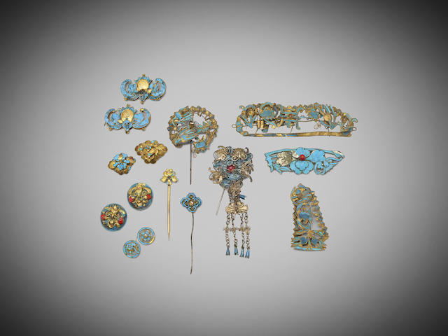 Appraisal: Fourteen hair pins and ornaments inlaying with Kingfisher feather Qing