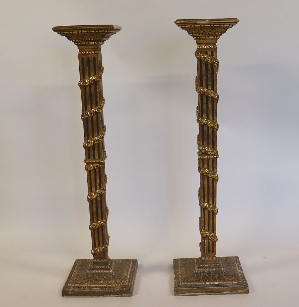 Appraisal: Antique Pair of Carved Gilt Wood Pedestals Nice quality patina