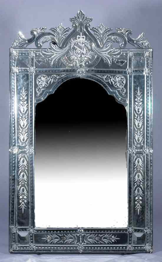 Appraisal: VENETIAN ETCHED GLASS WALL MIRROR Upright rectangular with cartouche shape