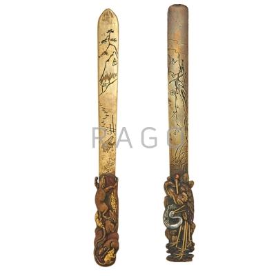 Appraisal: JAPANESE MIXED METAL PAGE SLICES Two with figural handles early