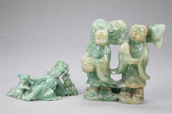 Appraisal: TWO GREEN STONE CARVINGS Woman and cat l and two