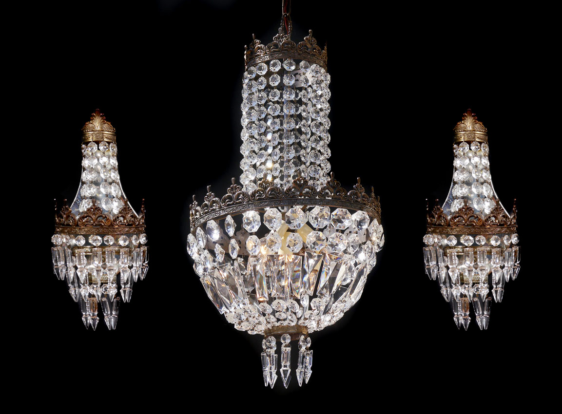 Appraisal: DIMINUTIVE CHANDELIER AND WALL SCONCES Chandelier with tiers of crystal