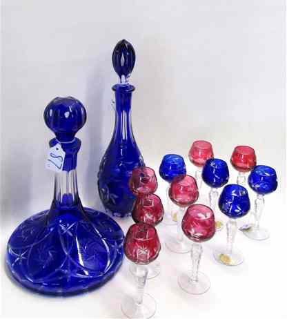 Appraisal: CUT AND COLORED CRYSTAL DECANTERS CORDIALS flashed and engraved includes