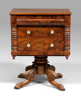 Appraisal: Classical mahogany work table highly figured mahogany veneers three dovetailed