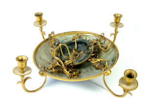 Appraisal: A lacquered brass and black finished chandelier of circular dish