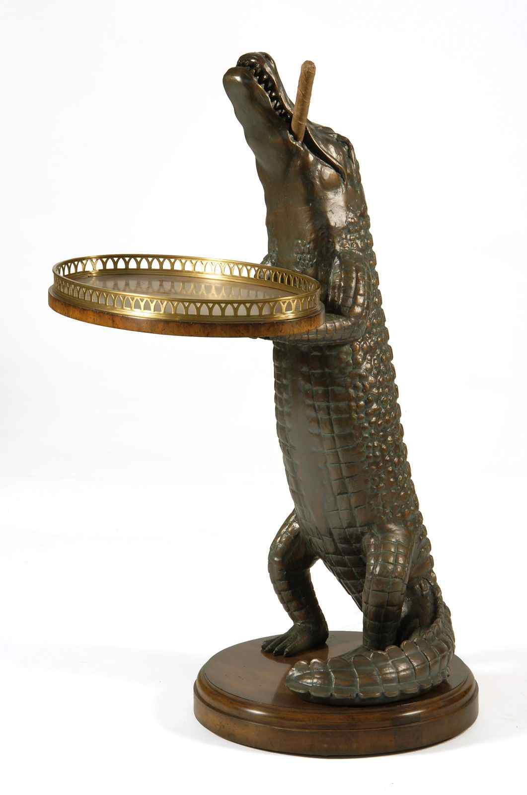 Appraisal: STANDING BRONZE ALLIGATOR HOLDING A TRAYInlaid marquetry tray with brass