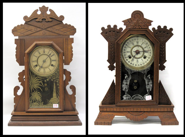 Appraisal: TWO AMERICAN VICTORIAN WALNUT-CASED KITCHEN CLOCKS by William L Gilbert