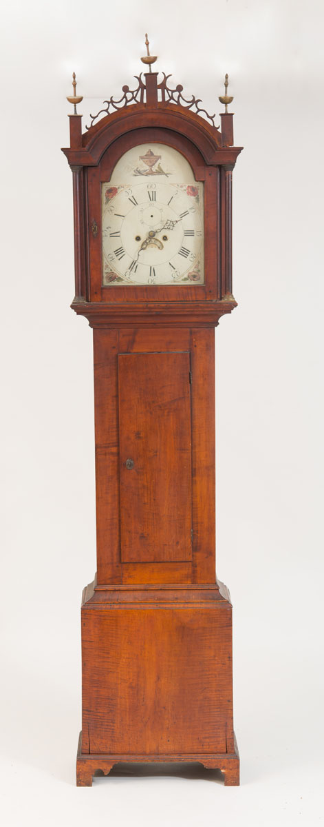 Appraisal: AMERICAN TIGER-MAPLE LONGCASE CLOCK With painted brass breakarch dial and