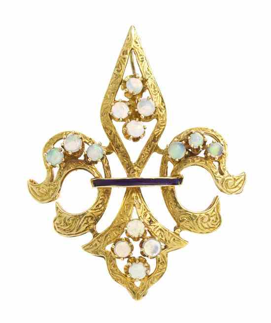 Appraisal: An Karat Yellow Gold Opal and Enamel Fleur de Lis