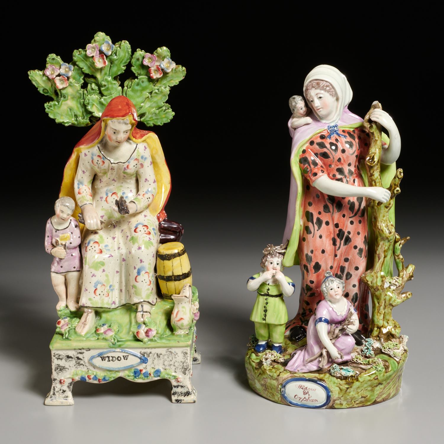 Appraisal: STAFFORDSHIRE PEARLWARE FIGURES OF WIDOWS c England polychrome enameled pottery