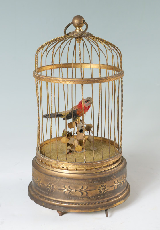 Appraisal: BRASS SINGING BIRD IN CAGE AUTOMATON Single bird with feathers