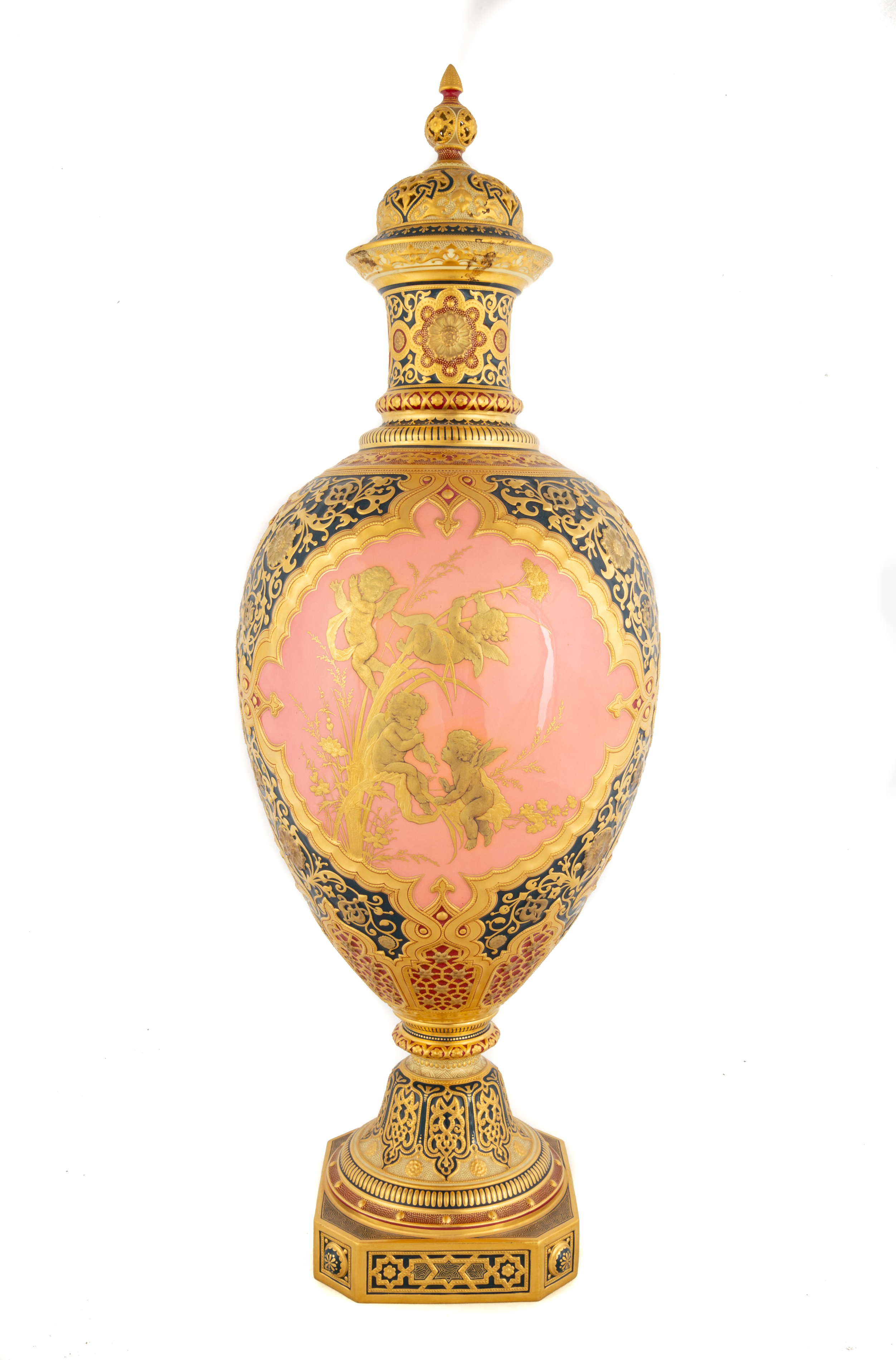 Appraisal: ROYAL CROWN DARBY COVERED URN th century Hand painted with