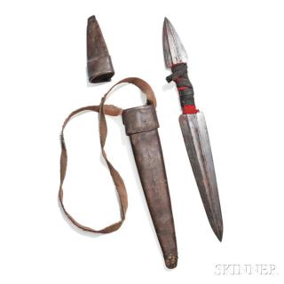 Appraisal: Tlingit Double-bladed Fighting Knife and Sheath the dagger-style blades grooved