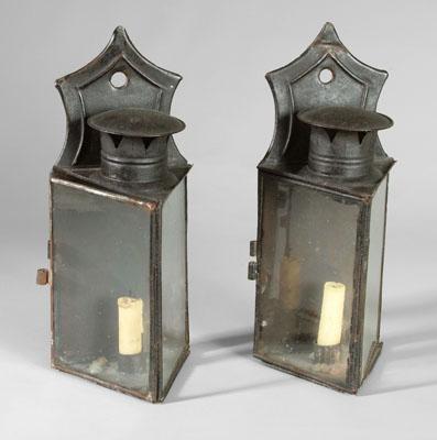 Appraisal: Pair tin sconce lanterns each of unusual triangular format with