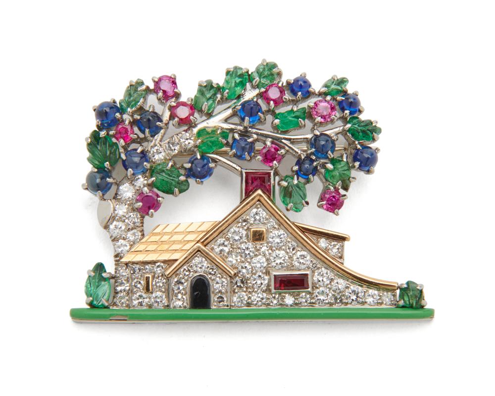 Appraisal: RAYMOND YARD Platinum K Gold Enamel and Gemset House Brooch