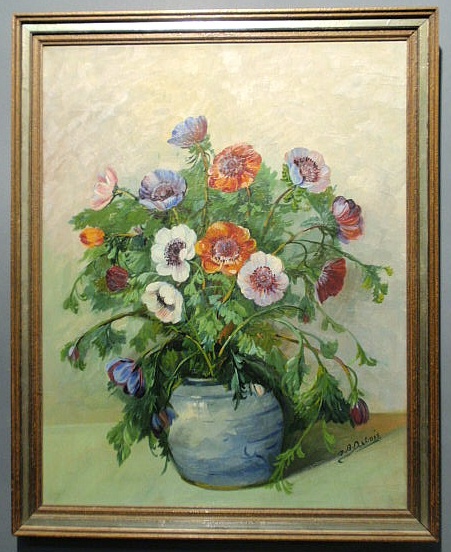 Appraisal: Oil on canvas still life of a vase of anemones