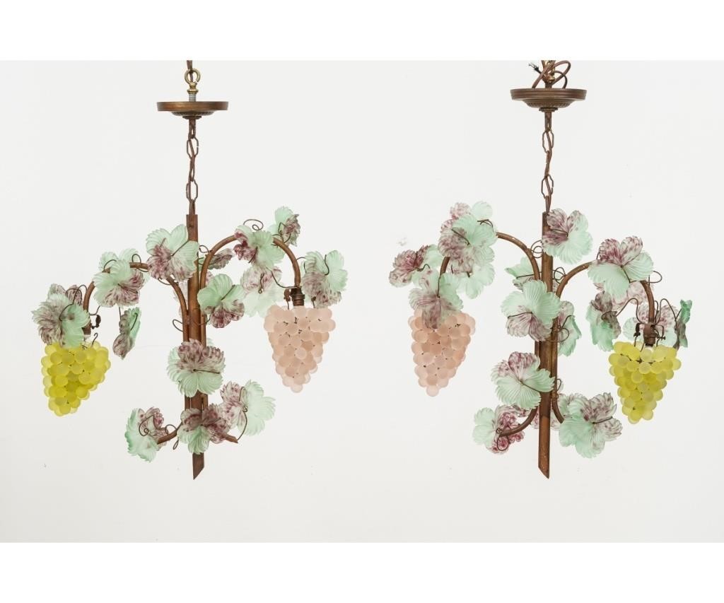 Appraisal: Pair of colorful Czech satin glass grape cluster chandeliers each