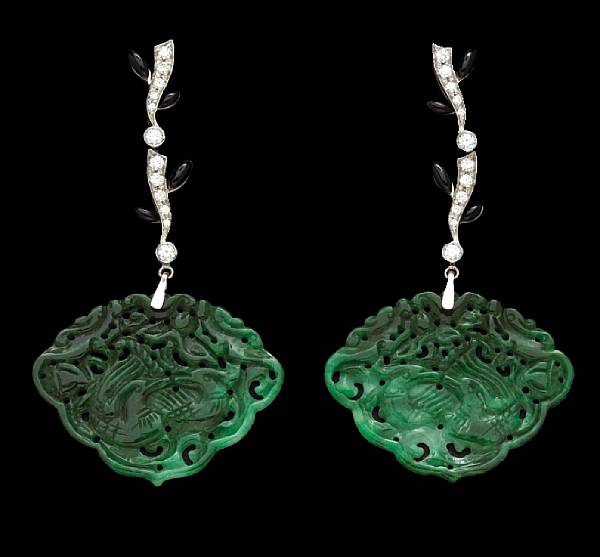 Appraisal: A pair of jadeite jade diamond and enamel drop earrings