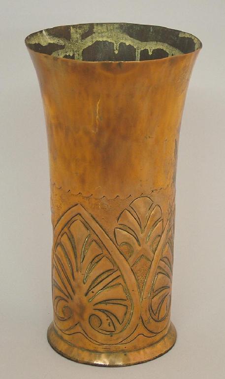 Appraisal: W H Mawson Keswick copper flared vase with embossed stylised