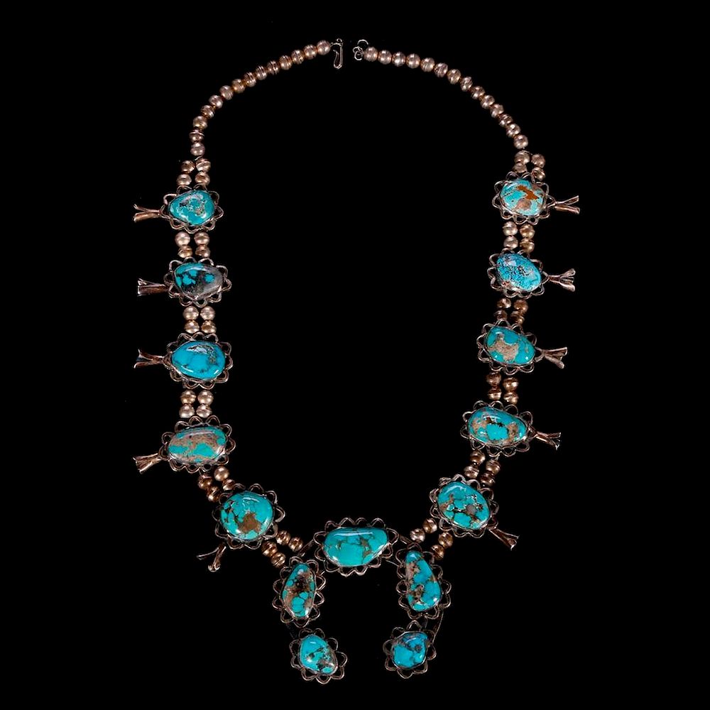 Appraisal: Native American turquoise and silver squash blossom necklace Native American