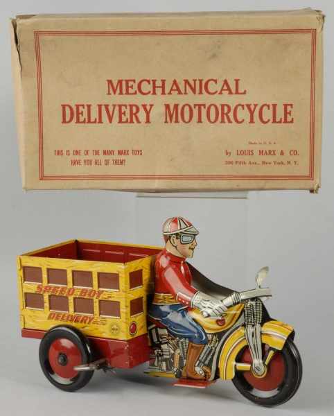 Appraisal: Tin Litho Marx Delivery Motorcycle Wind-Up Toy Description American Working