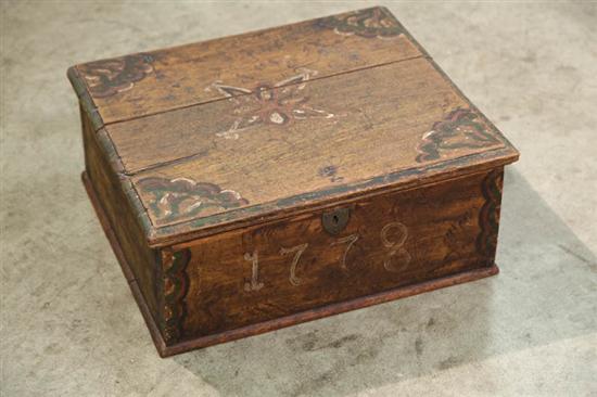 Appraisal: PAINT DECORATED TRAVEL BOX Dovetailed oak box with strap hinges