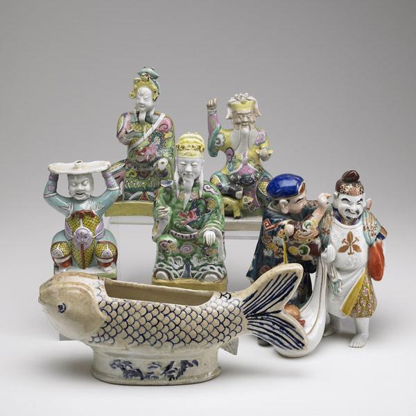 Appraisal: ASIAN GROUPING Six pieces includes four porcelain of scholarly gentlemen