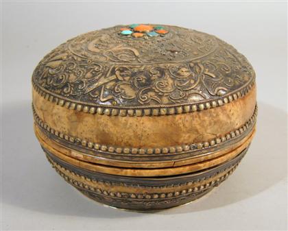 Appraisal: Sino Tibetan copper and burlwood box th century Of round