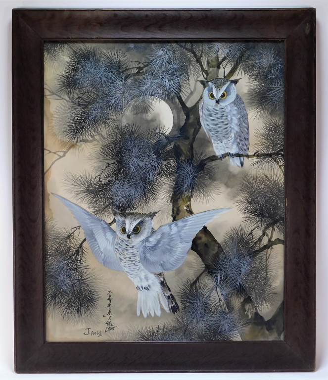 Appraisal: TOSHIO AOKI JAPANESE NOCTURNAL MOON OWL PAINTING California Japan -