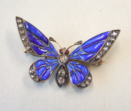 Appraisal: A rose diamond and blue enamelled brooch designed as a