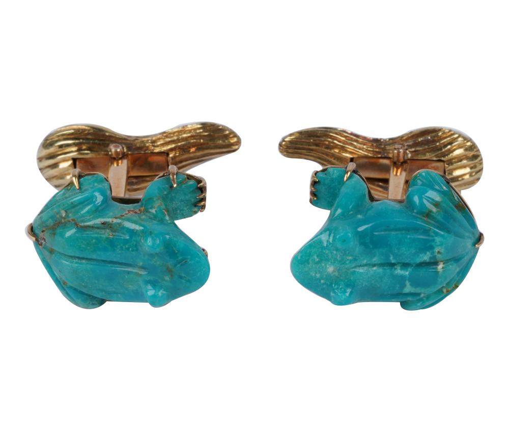 Appraisal: PAIR OF TONY DUQUETTE KARAT YELLOW GOLD TURQUOISE FROG CUFFLINKSeach