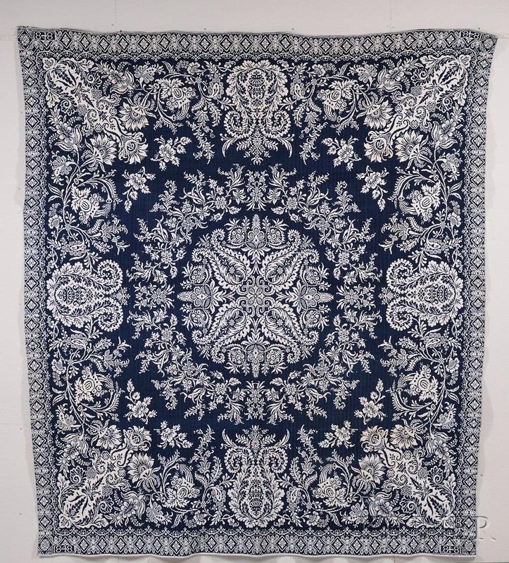 Appraisal: Wool and Cotton Blue and White Woven Coverlet America dated