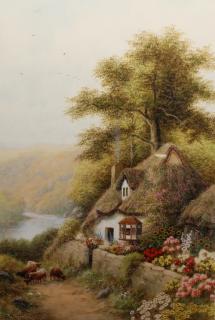 Appraisal: R Thornton th C English Thatched Cottage landscape Signed lower