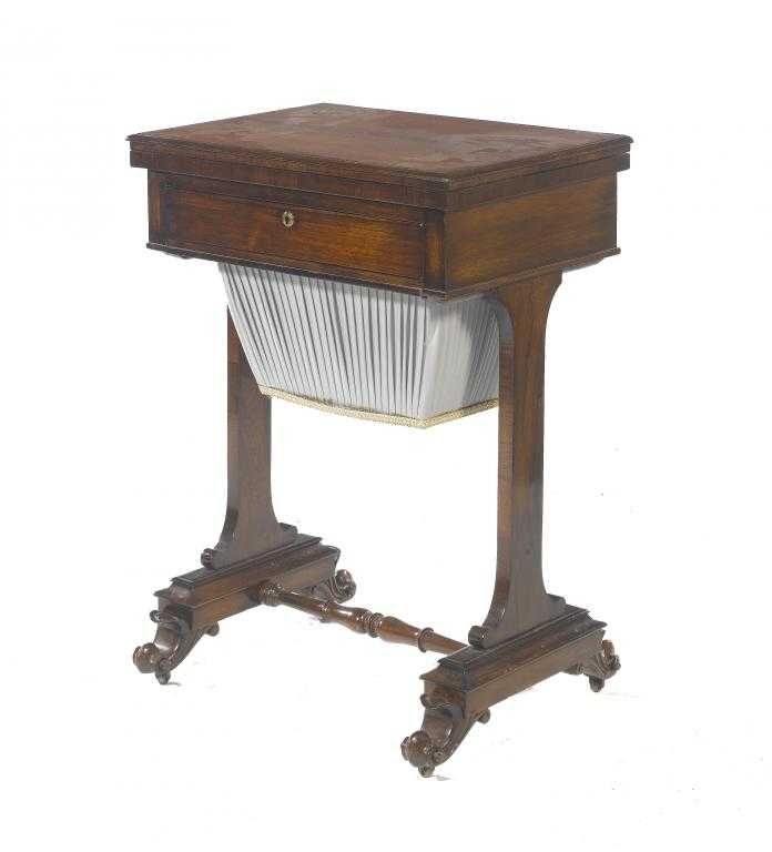 Appraisal: A VICTORIAN ROSEWOOD WORK TABLE with rectangular fold-over top and